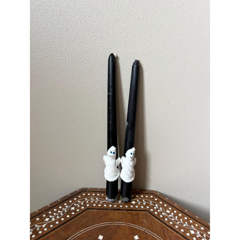 Vintage Halloween Black Taper Candles White Ghost Blue Eyes